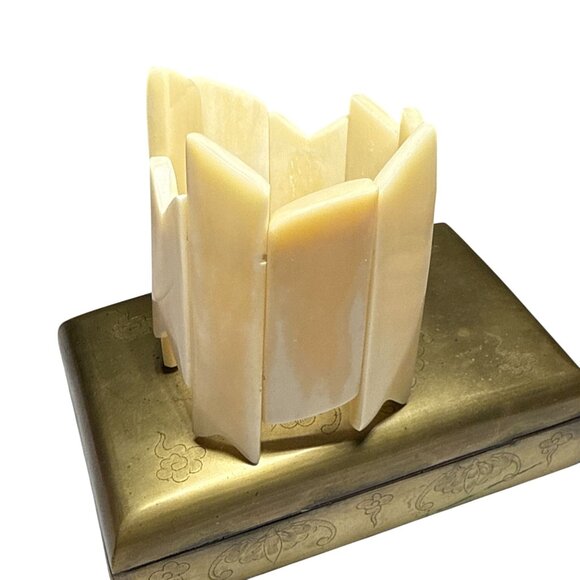 Vintage Chunky Cream Horn Bangle Bracelet Geometric Wide Stretch Cuff - Picture 12 of 16